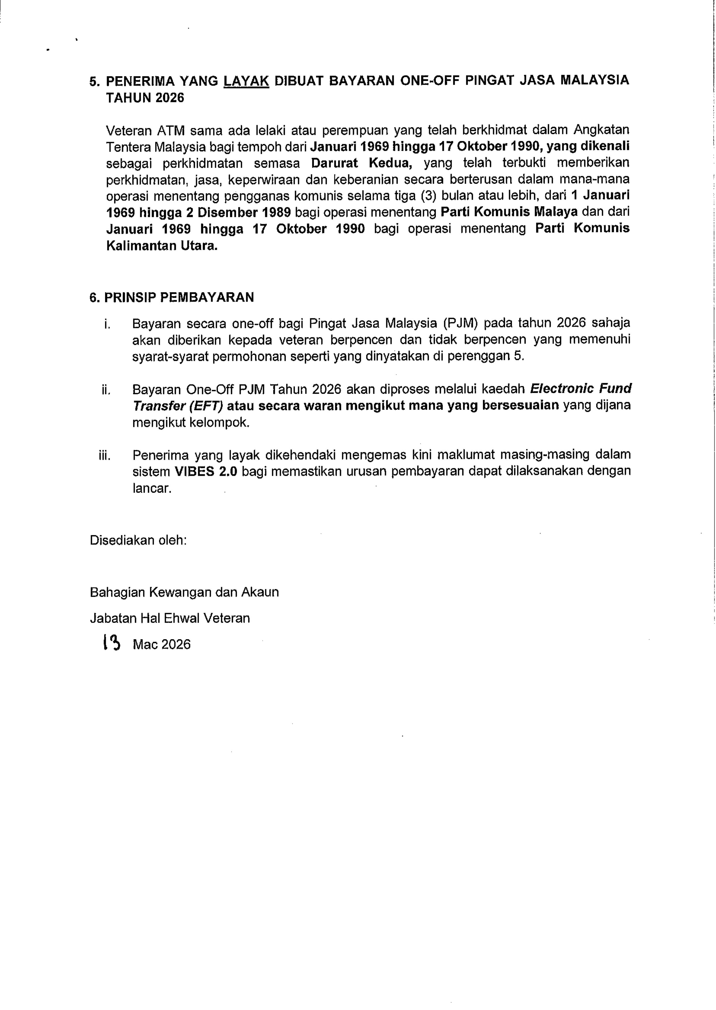 Prinsip Bayaran Elaun One Off PJM 2026 2