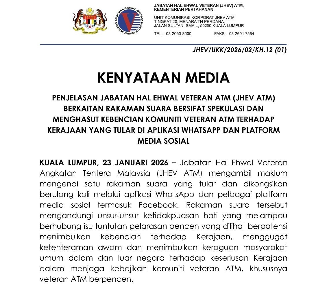 Penjelasan Rasmi JHEV ATM Berkaitan Rakaman Suara Bersifat Spekulasi dan Menghasut