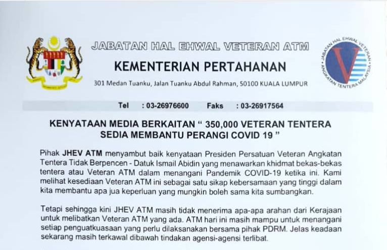 350,000 Veteran Tentera Sedia Membantu Perangi COVID 19